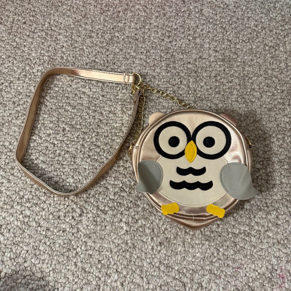 Rose Gold Metallic Owl Crossbody Bag Kids Round Purse with Chain Strap